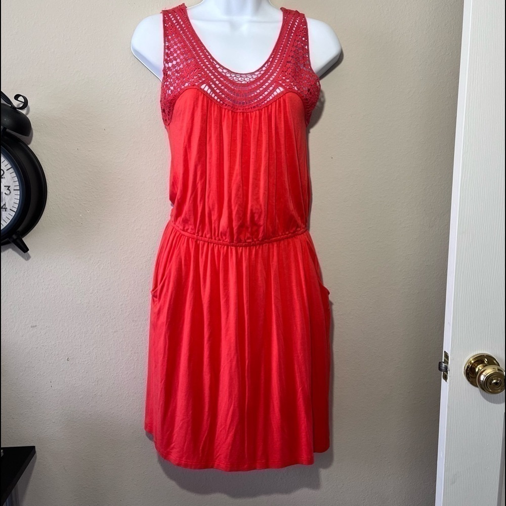 Aqua crochet neck stretch mini dress Orange Size Small